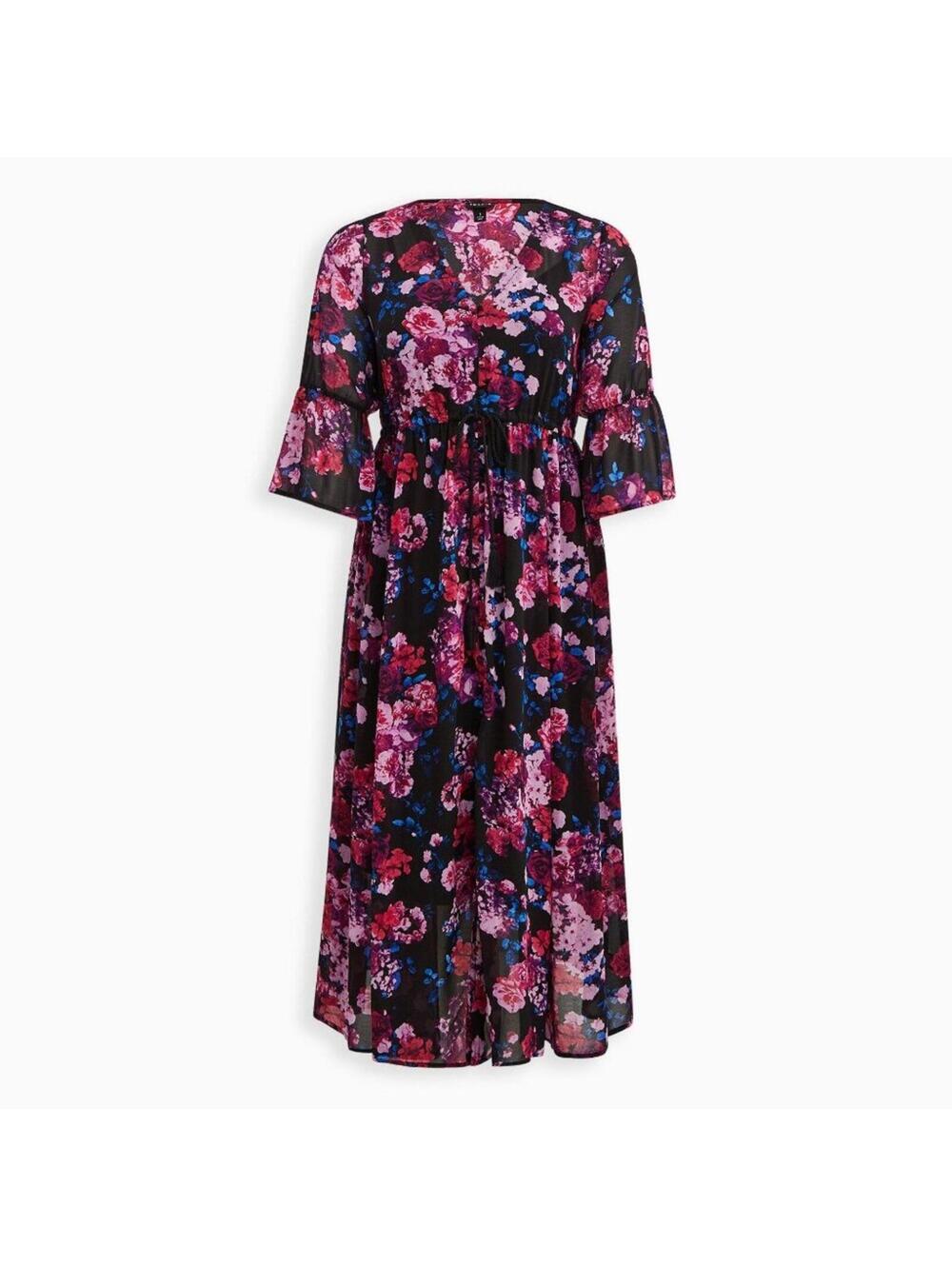 Torrid Maxi Dress 0 Large 12 Pink Purple Blue Floral Chiffon & Black Slip NEW - Picture 4 of 15